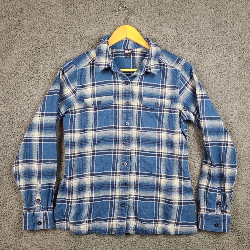 Patagonia Womens 8 Blue Plaid Organic Cotton Flannel Button Down Shirt 53915